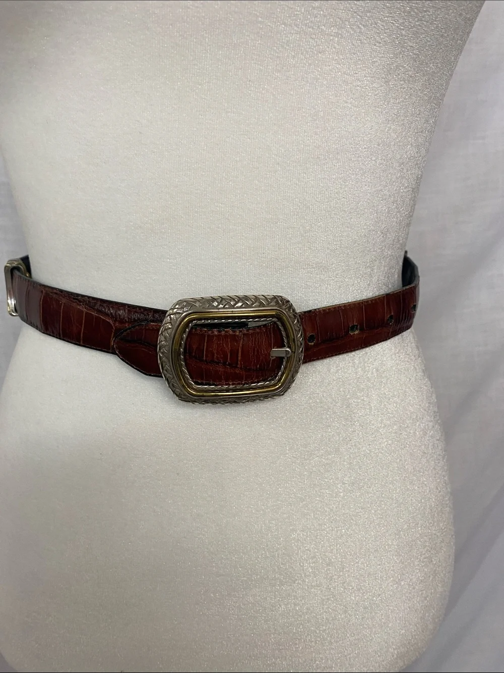 Croc-Effect Black Leather Belt with Ornate Gold Buckle